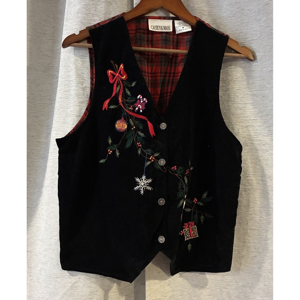 Vintage Casey & Max Velvet Christmas Vest Embroidered Plaid Back Women Medium